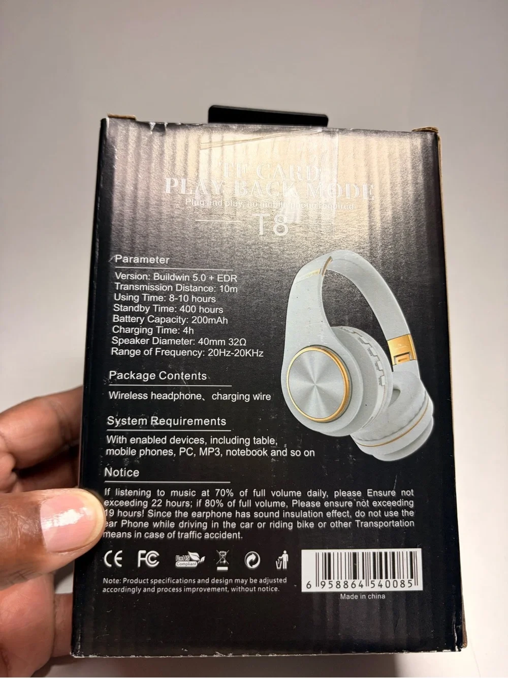T8 Wireless Headphones in Light Gray with Gold Accents